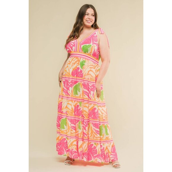 Plus Size Plant Print Tie Shoulders Maxi Dress - Picture 1 of 9